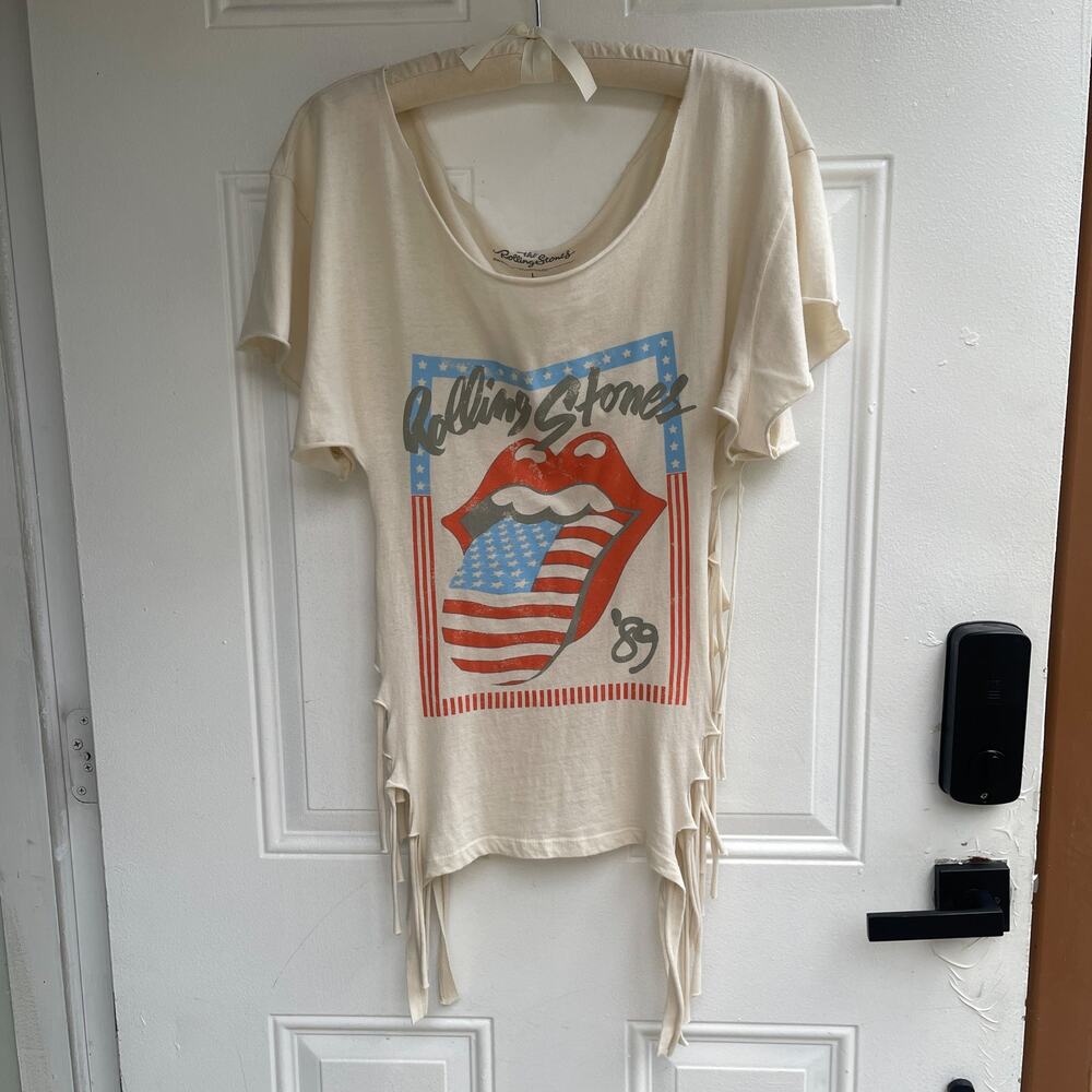 Rolling Stones 89 American Flag Tongue Fringe Cutout T Shirt Size L